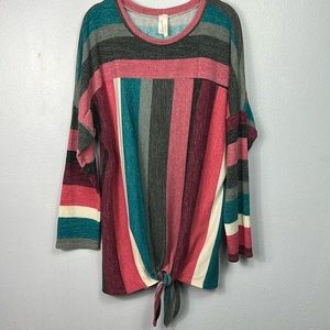 Lilypad Multicolor Stripe Tie Hem 3/4 Sleeve Tunic Top Large